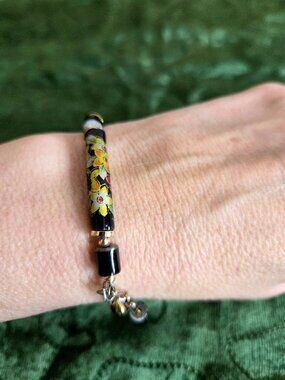 Vintage Cloisonne Black Bracelet with Multicolored Floral Design.